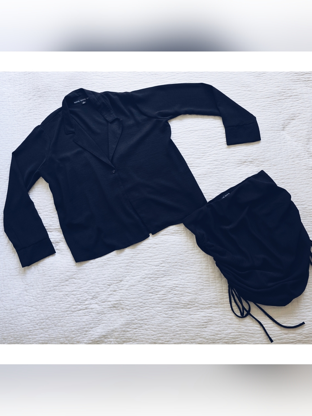 Chic Black Blazer Blouse + Ruched Skirt Set